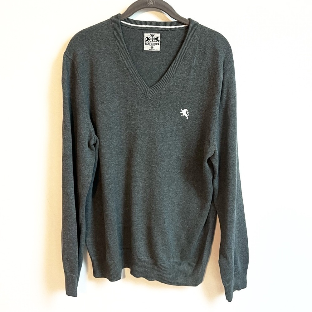 Expres Men’s Cotton V Neck Sweater Long Sleeve Solid Gray Pullover Y2K Medium